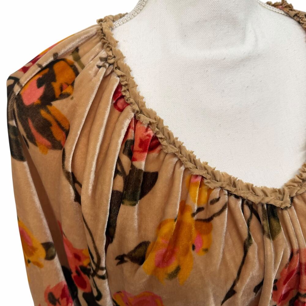 Sundance All Hours Tan Velvet Floral Peasant Boho Blouse Large - Picture 3 of 8